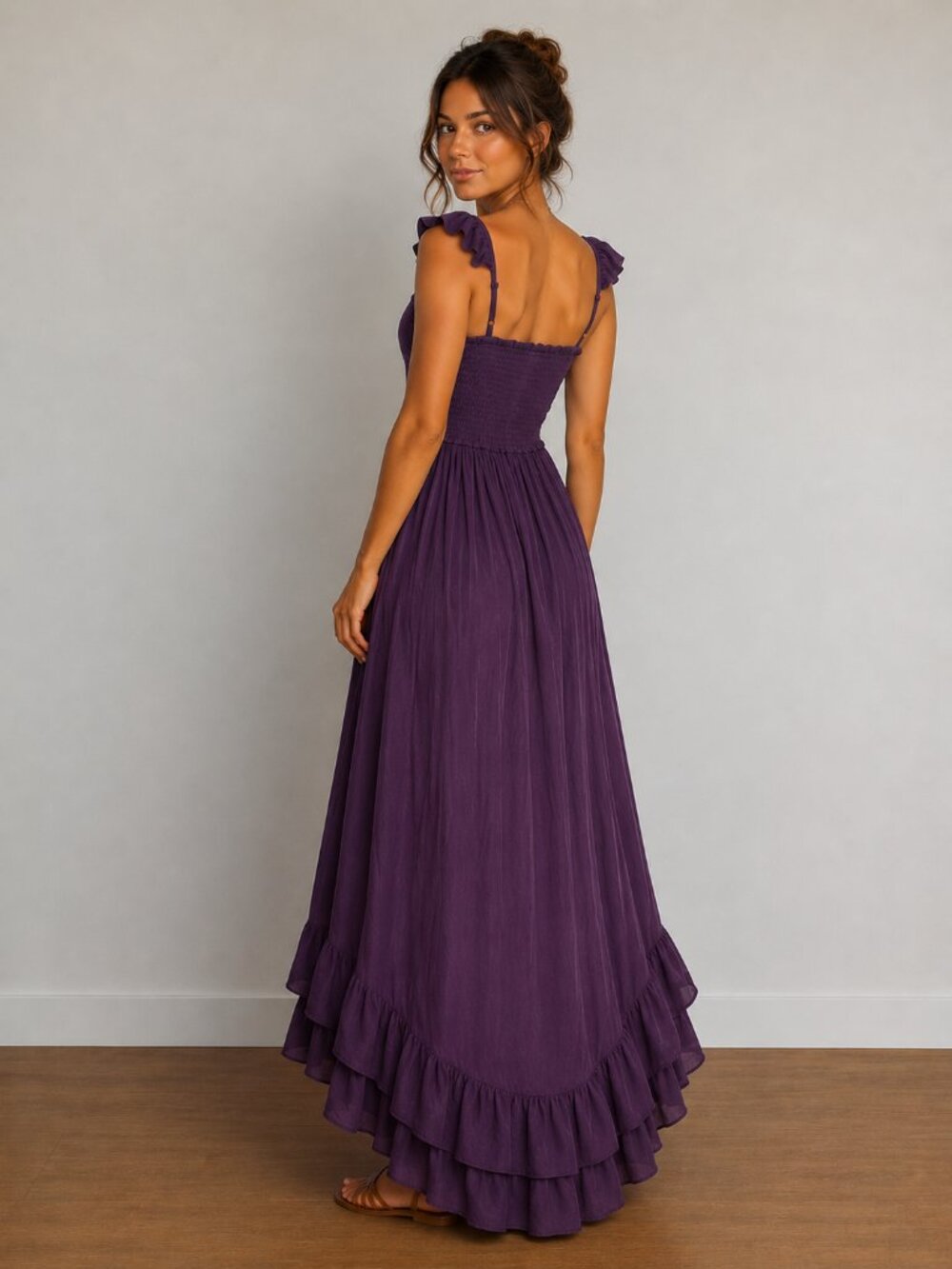NWOT Shyanne Lace bodice Grape Purple High Low Frill Hem Maxi Dress L - Picture 3 of 4